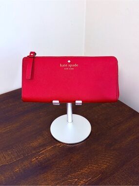 Kate Spade Large L Zip Wallet Red Saffiano Leather